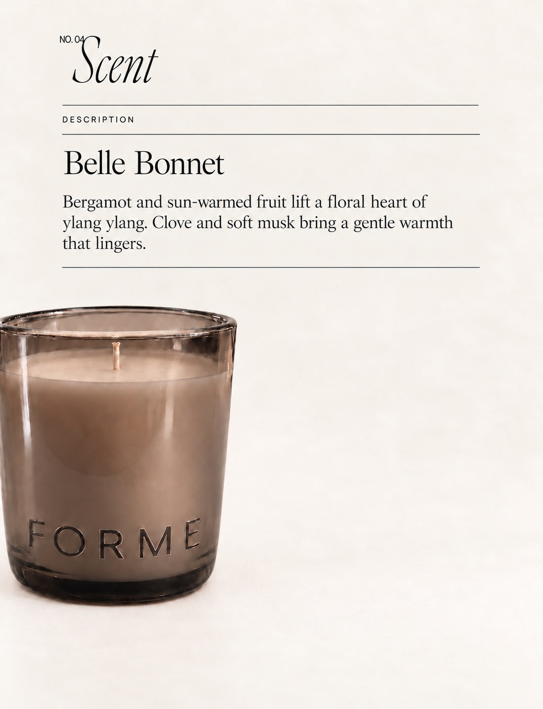 Belle Bonnet scent description card for FORME 8 oz candle