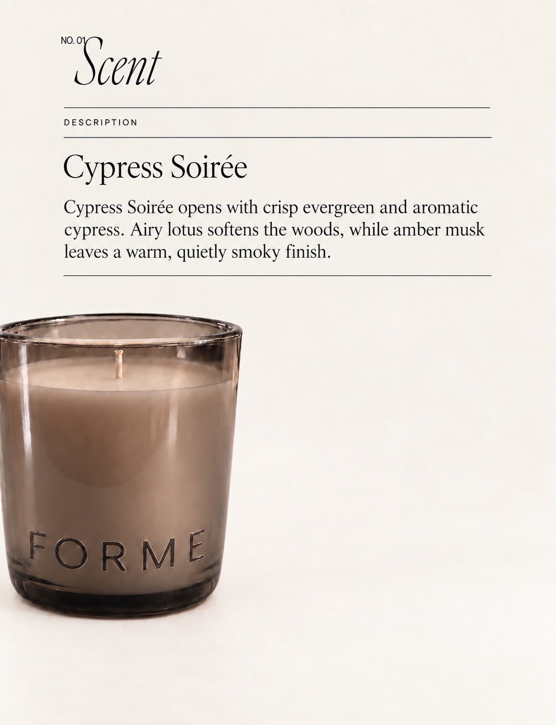 Cypress Soirée scent description card for FORME 8 oz candle