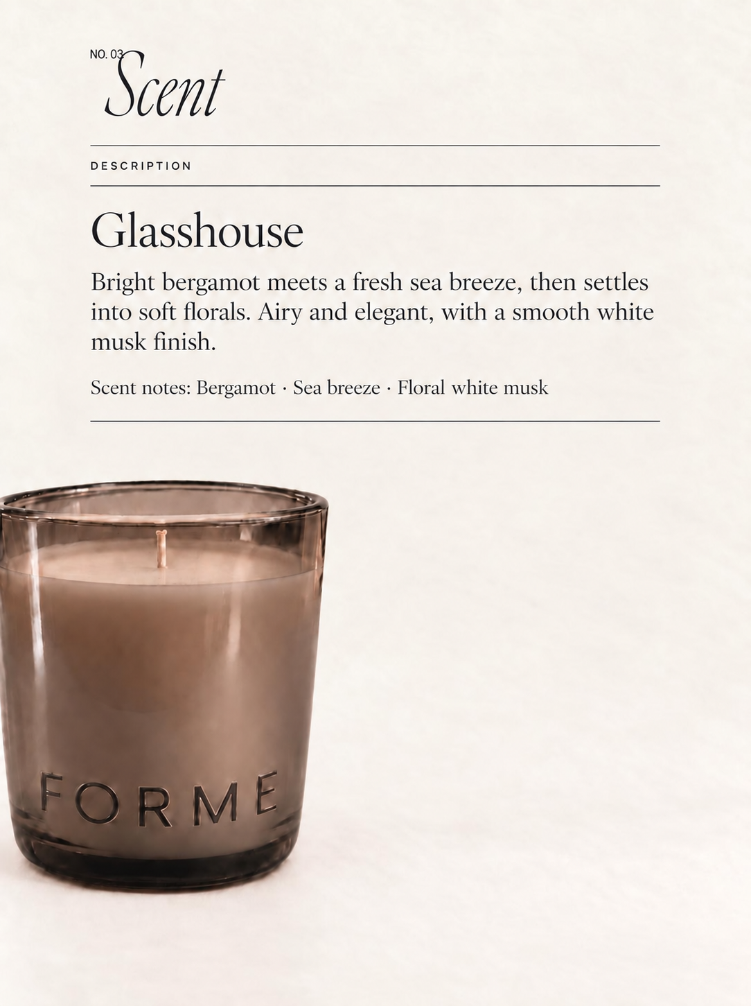 Glasshouse scent description card for FORME 8 oz candle